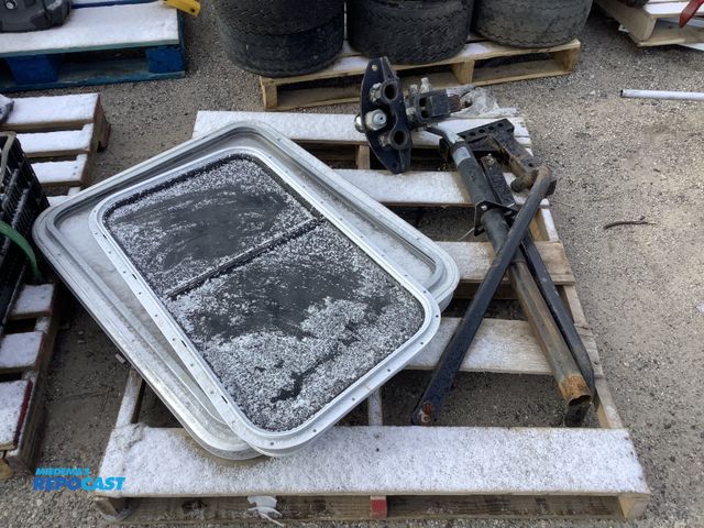 Lot 2-67009 - Skid lot of various items including (2) assorted sized RV windows with aluminum frames and heavy dut...