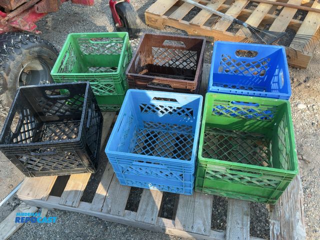 Lot 2-67510 - lot of 6 plastic milk crates, stackable, various dairy labels