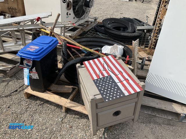 Lot 2-91357 - lot of items including landscape rake, post hole diggers, broom and materials, sheet carrier, firepi...