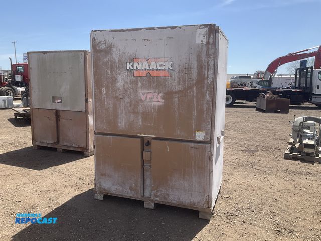 Lot 2-43461 - Knaack storage box 60”W x 42” x 83”T, flip top cabinet door, two bottom swing cabinet doors, top cab...