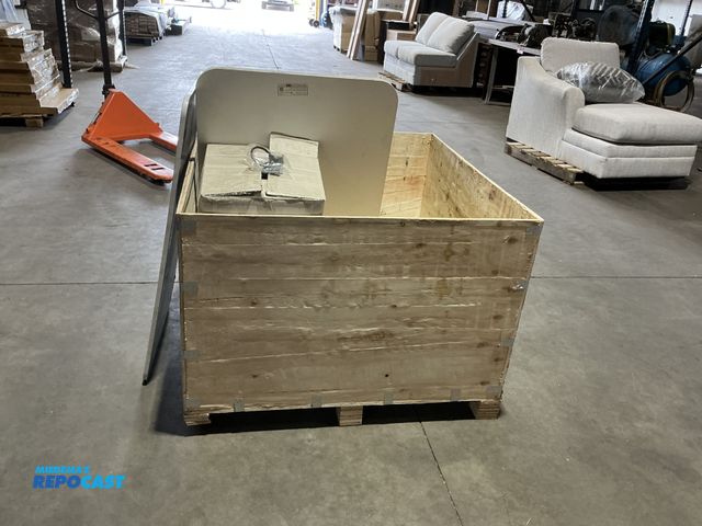 Lot 2-32429 - Crate with 4 Rolling stands- 25”x19”x29”, 4 Table Tops- 3 are 27”x40”, 1 is 24”x42”, 3 Boxes of HDMI...