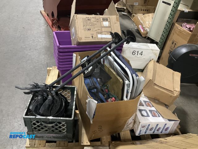 Lot 2-99463 - Skid lot of rectangular Plant Pots, Candle Holders, Glass Cups, Ceiling Fans, Chairs, and more