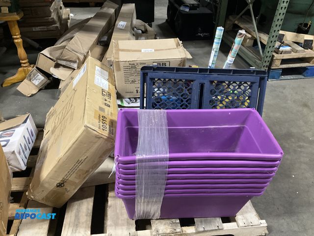 Lot 2-99462 - Skid lot of Games, Rectangular Plant Pots, glass “Candle” Holders, a Halifax White Finish 5-drawer C...