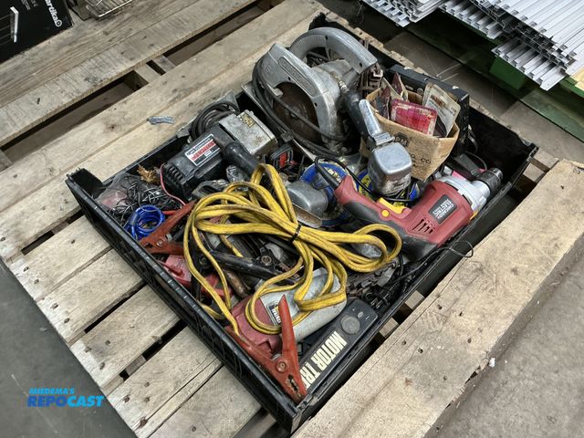 Lot 2-74055 - Bin of Miscellaneous Power Tools, some include Jumper Cables, Craftsman Auto Scroller Saw, Craftsman...