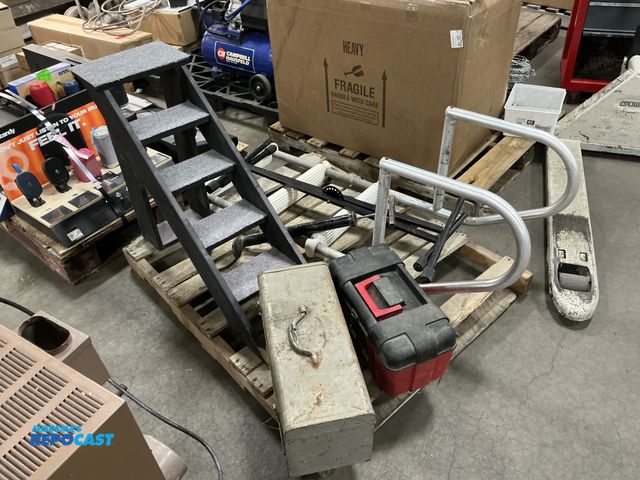 Lot 2-23819 - Lot of one plastic pool ladder, one black carpeted pet steps, (2) tool boxes-one metal one plastic, ...