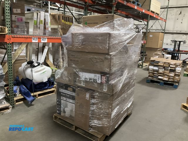 Lot 2-60490 - Large Skid lot of Bathroom Materials Including Wall Mount Sink, Bidet Seat, Mirror Cabinet, Toilet, ...