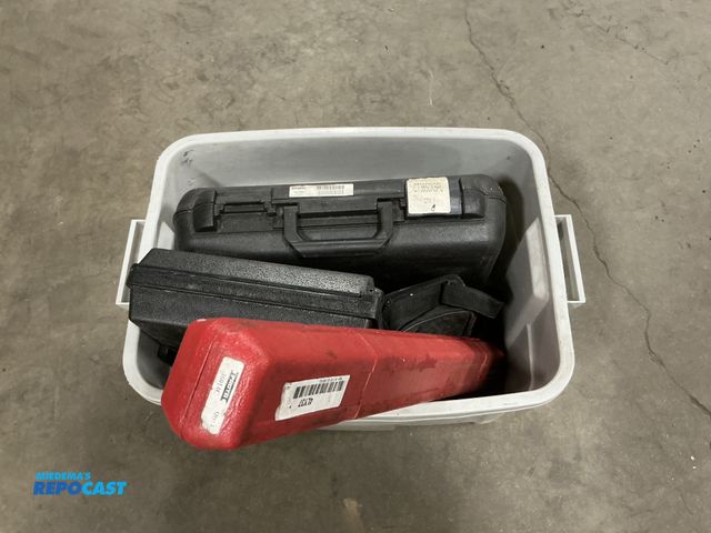 Lot 2-93482 - Gray tote with various power &amp; hand tools