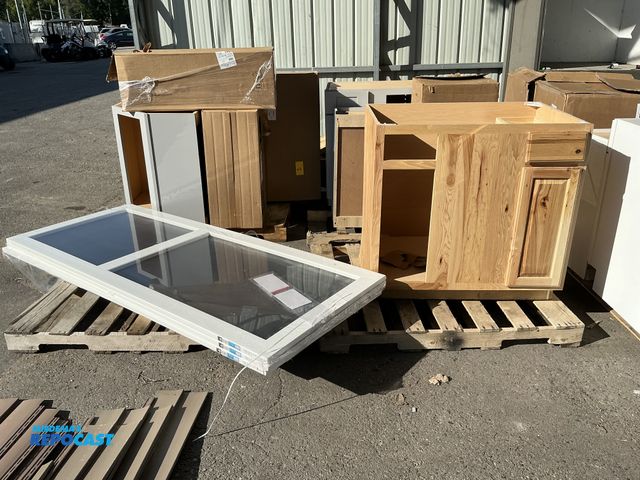 Lot 2-13603 - (3) 32”x80” white wooden framed vinyl middle bar screen doors, and a 36”x23.75”x35”H wooden cabinet ...
