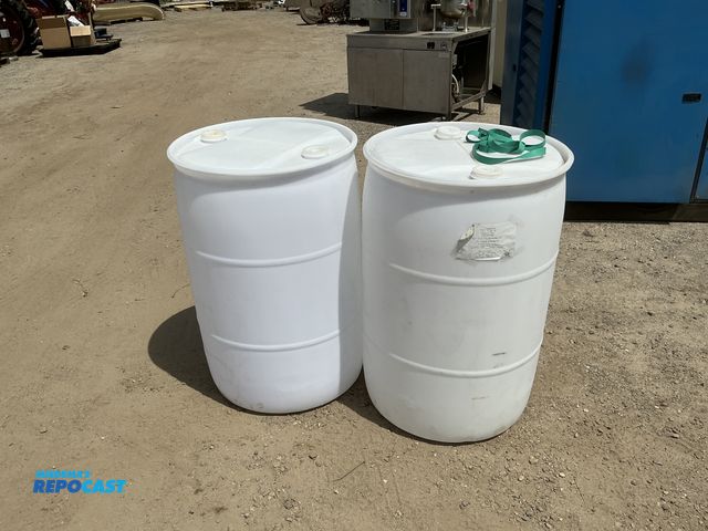 Lot 2-64040 - lot of 2 55 gallon white plastic barrels with 2 removable bungs, contained vinegar