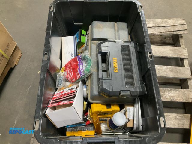 Lot 2-74932 - Bin filled with miscellaneous shop tools/equipment: dewalt bits, mouse traps, wire cable, tape gun, ...
