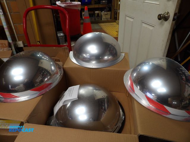 Lot 2-58265 - Lot of (4) new Security mirror Domes 3 1/2 Domes 1 full Dome 1/2 Domes are 18" Dia., Acylic 150' vie...