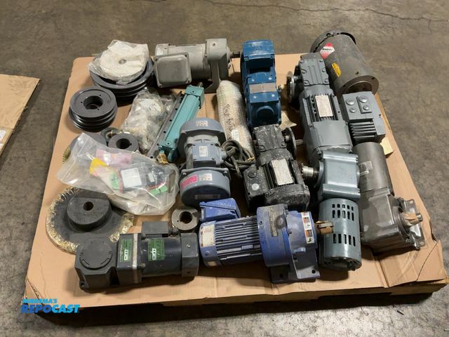 Lot 2-74078 - Skid of industrial items, including: Sew-Eurodrive, Baldor, &amp; Hitachi electric motors, pneumatic...