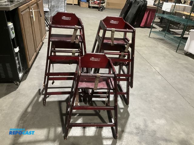 Lot 2-55109 - Lot of (6) 19.5” width x 20” depth x 29” height wood high-chairs with seat at 20.5” from floor.(stra...