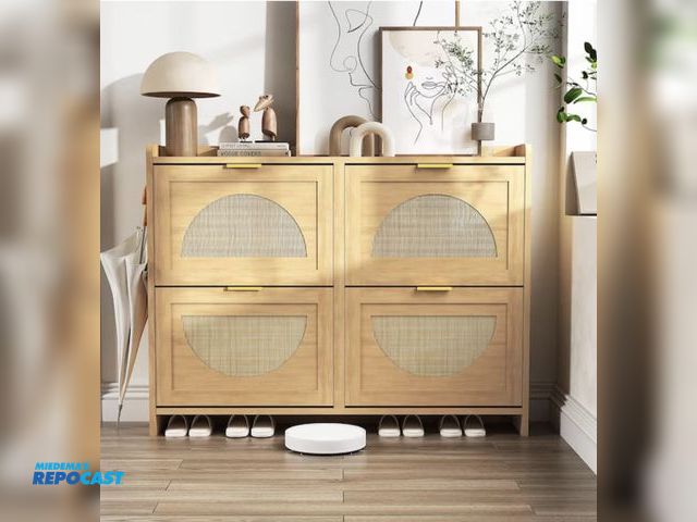 Lot 2-10896 - Garvee Shoe Cabinet with 4 Flip Drawers Narrow Farmhouse Style Shoe Organizer with Rattan Weave