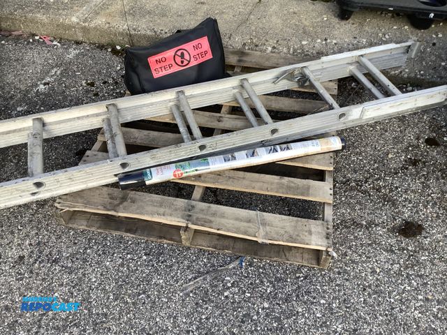Lot 2-93266 - Skid lot of (1) ladder (1) no step weighted bag (1) roll of heavy duty landscaping fabric 26ft