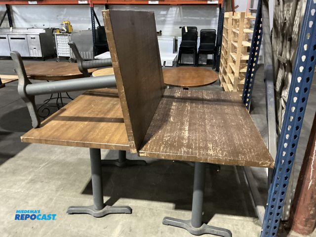 Lot 2-55166 - Lot of (3) restaurant style tables Wood top dual pedestal  (2) 54” x 30” (1) 48”x30”.  (RSSC)