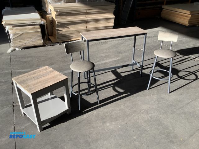 Lot 2-27776 - Skid lot of (2) tables and (2) bar stools 1 table measures approximately 23.5” x 20” x 20” and 1 mea...