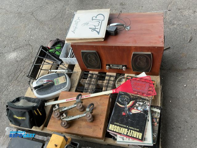 Lot 2-75055 - Skid lot of records, health-o-meter, vintage roller scares, jumbo fly swatter, bike seat, wrenches, ...