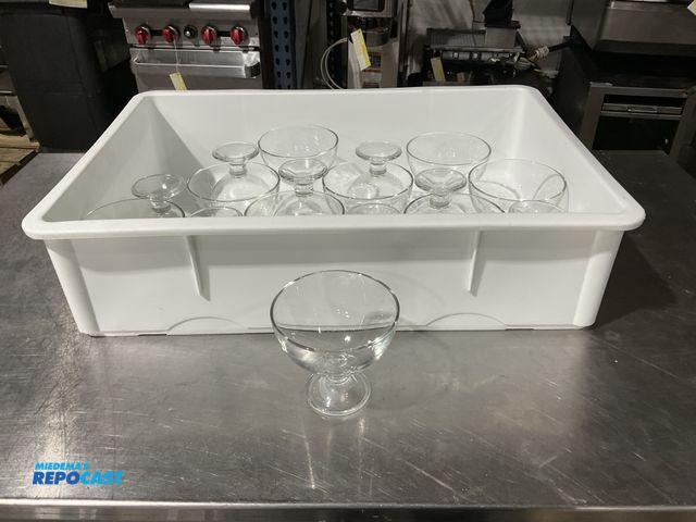 Lot 2-55087 - Lot of (17) clear glass dessert bowls with 4.75” diameter rims. (Includes plastic tote, no lid)