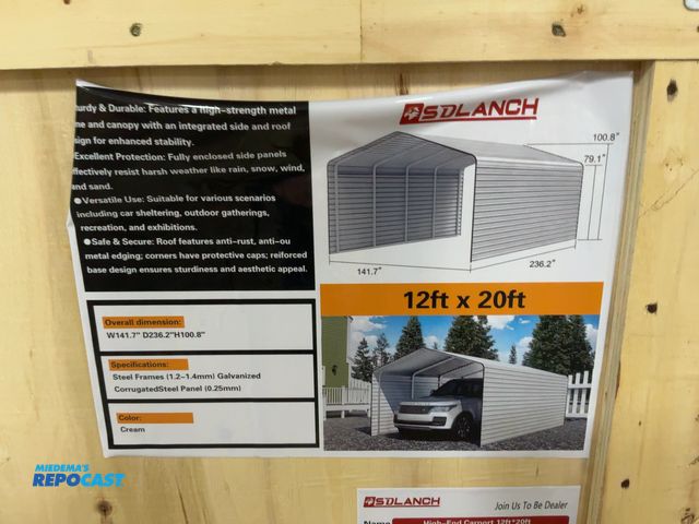 Lot 2-41179 - New SDLANCH 12’x20’ Carport with Enclosed Sidewalls, Cream Color, 141.7” wide x 236.2” deep x 100.8”...