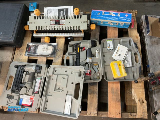 Lot 2-18989 - Lot of assorted tools including nail guns, flex shaft, saf-t-brace, and industrial dovetail fixture
