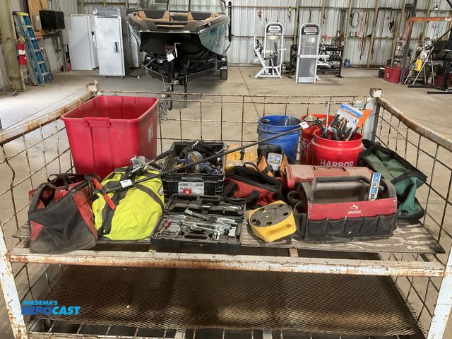 Lot 2-70577 - Large Crate of Miscellaneous Items from Storage. Miscellaneous Tools, Milwaukee, Ryobi, and Hart Bat...