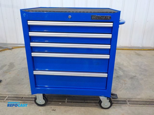 Lot 2-34068 - Westward five drawer rolling tool cabinet. Locking castors. Top mat. Push handle. Filled with assort...