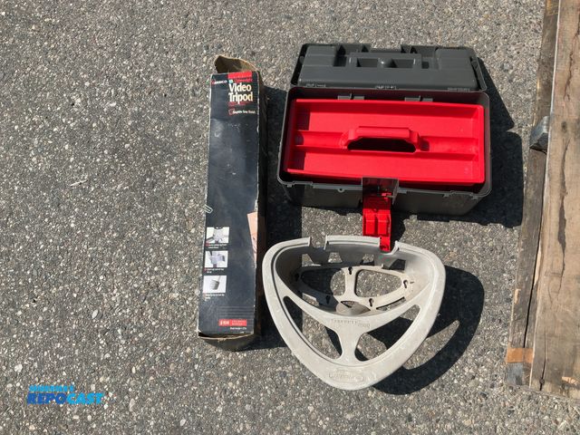 Lot 2-95111 - Lot of ambico lightweight video tripod a suncast hose hangout reel and a tool box