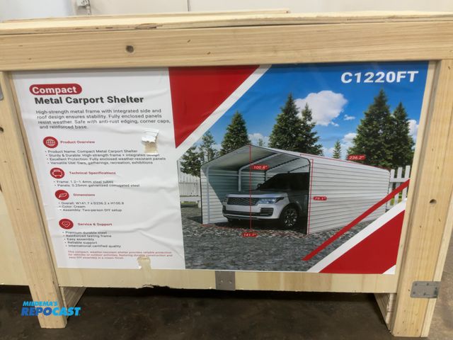 Lot 2-44914 - New SDLANCH 12’x20’ Metal Carport with Enclosed Sidewalls, Cream Color, 141.7” wide x 236.2” deep x ...