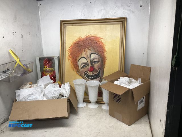 Lot 2-33577 - Lot of various clown figurines, bells, music boxes w/clowns, vases, a 1970s clown painting, and more