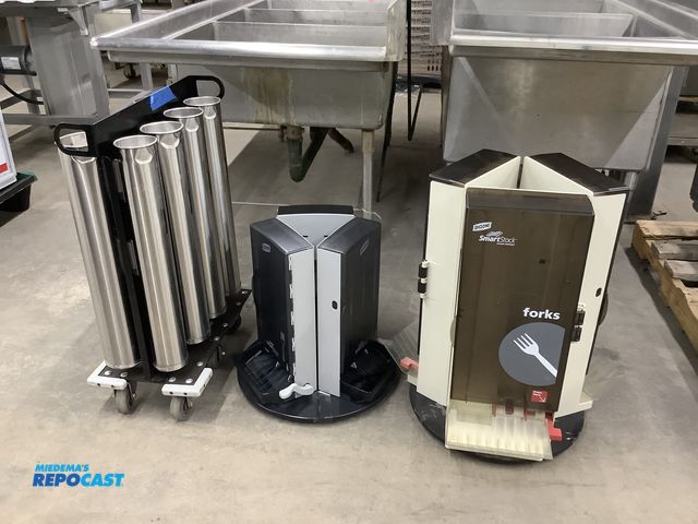 Lot 2-23910 - (2) Dixie plastic utensil dispensers, (1) plastic cup rack.