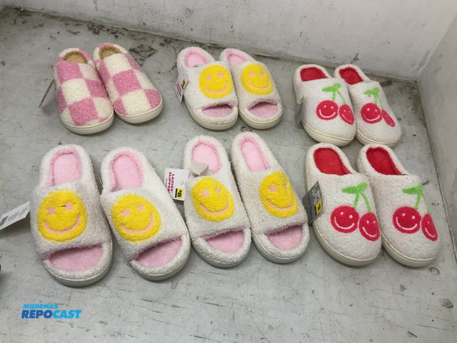 Lot 2-32626 - Lot of 6 pairs of women’s slippers including cherry smiley faces, star eye smiley faces, and pink ch...