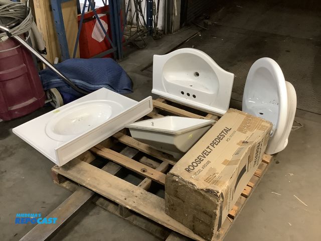 Lot 2-74161 - Skid Lot of (4) Assorted Ceramic Bathroom Sinks. Includes a 24”x20” Half-Circle, 26.5”x17.5” Rectang...