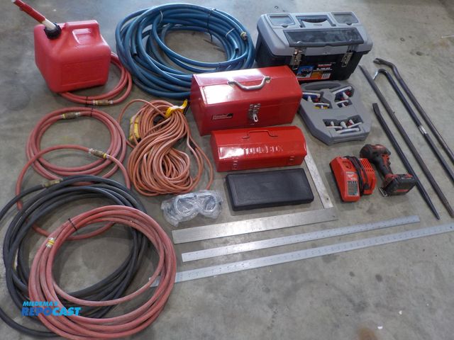 Lot 2-16274 - Large tool lot:  milwaukee cordless tool, charger, T-allen wrench set, (4) pry bars, (4) tool boxes ...