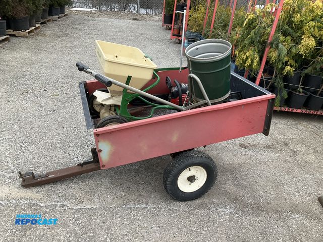 Lot 2-74751 - Agri-Fab 10 cu.ft. Tow-Behind Yard Cart, 2 Fertilizer Spreaders, Hedge Trimmer and Chainsaw