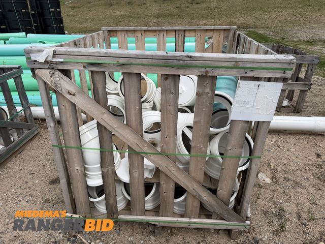 Lot 30-5882 - (2) crates of 8" PVC fittings, includes curves, and Y's, and several 4"/100mm BNQ3624-130 reducers, ...
