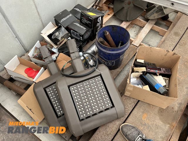 Lot 30-3303 - Pallet of Miscellaneous items, including headlights (used in another box, they are NOT LED), Cree parking lot lights (new) and more
