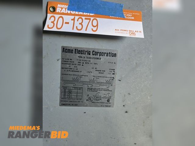 Lot 30-1379 - 30 KVA Transformer with cords.  Fork lift on site to load