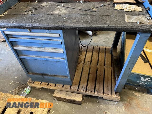 Lot 30-1486 - Work bench with Lista cabinet and drawers. Municipality owned, seller will load. See pics for sizes.