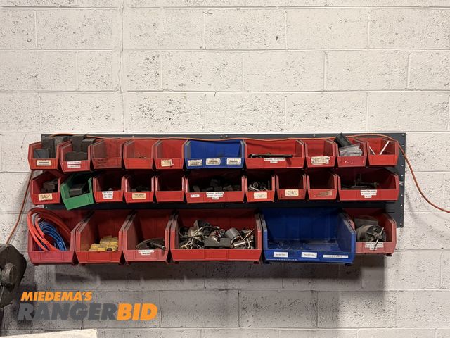 Lot 30-10978 - 26 Plastic 26 Plastic Hanging Storage Bins with contents. Does not include wall brackets.  Buyer to ...