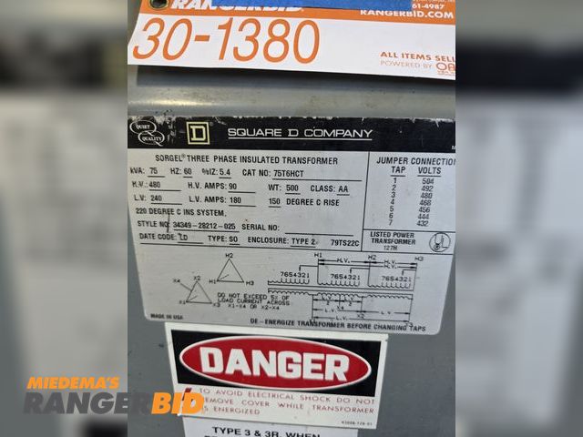 Lot 30-1380 - 75 KVA Transformer.  Fork lift on site to load