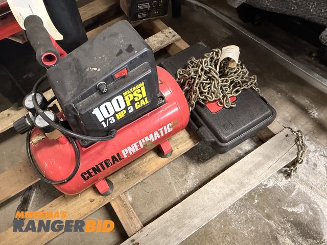 Lot 30-3315 - Air compressor, Maddox Exhaust Pipe Expander Kit, Chain