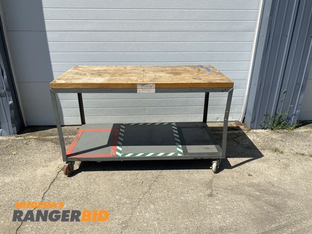 Lot 30-227MV - Little Giant 60x30x36 Steel Work Table wIth Wooden Top and Casters.  The casters will need replacing...