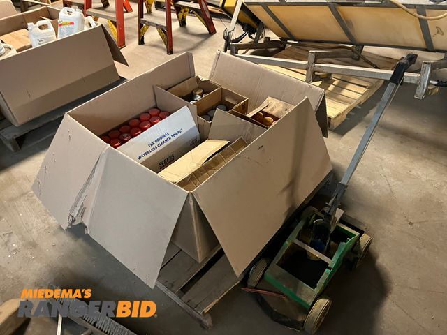 Lot 30-3555 - Lot includes everything on this pallet. Line Sprayer, 4 boxes of new spray paint, and more.