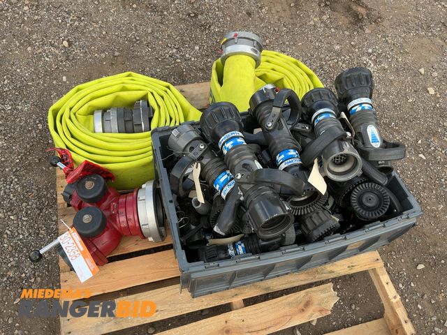 Lot 30-2358 - Lot of (2) Approx. 4" Fire Hoses, (1) Fire Hose Fitting with Two Valves, and Crate of Used Task Forc...