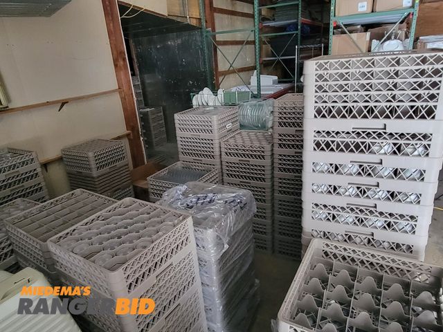 Lot 30-407901 - Large lot of about 150 racks of catering / restaurant dishware and glasses About: 42 racks water gla...