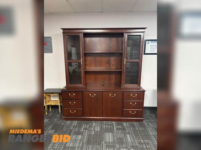 Lot 30-973 - Office Furniture Desk Table and Cabinet Wood Good condition, has been taken apart and is ready for r...