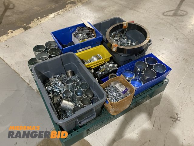 Lot 30-21 - Pallet OF Misc Steel Conduit Fittings, Electrical Hardware, Clamps, Steel Strapping, etc.

The selle...