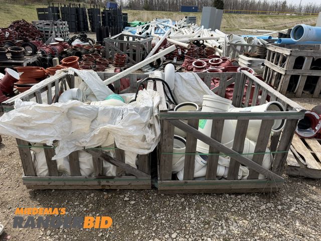 Lot 30-5793 - (2) crates of assorted 8" PVC Y's, assorted 4" diameter pre-assembled curved connectors, and miscell...