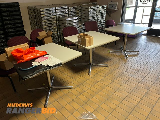 Lot 30-4094 - Lot includes (3) Tables, (6) Chairs,  box of  golf tees. Buyer is responsible for removal.